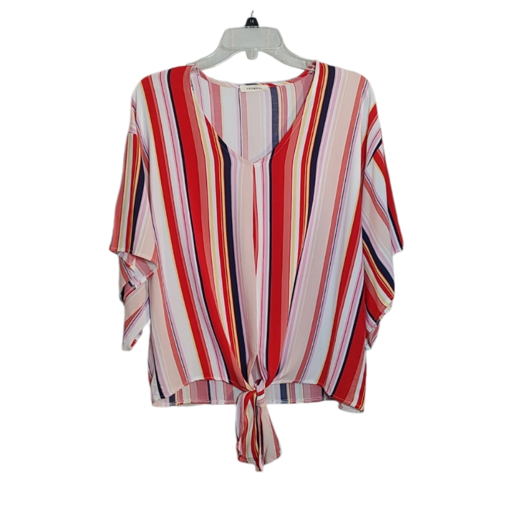 Oversized Promesa Striped V Neck Top w/ Drop Shoulders Tie at Waist sz Small